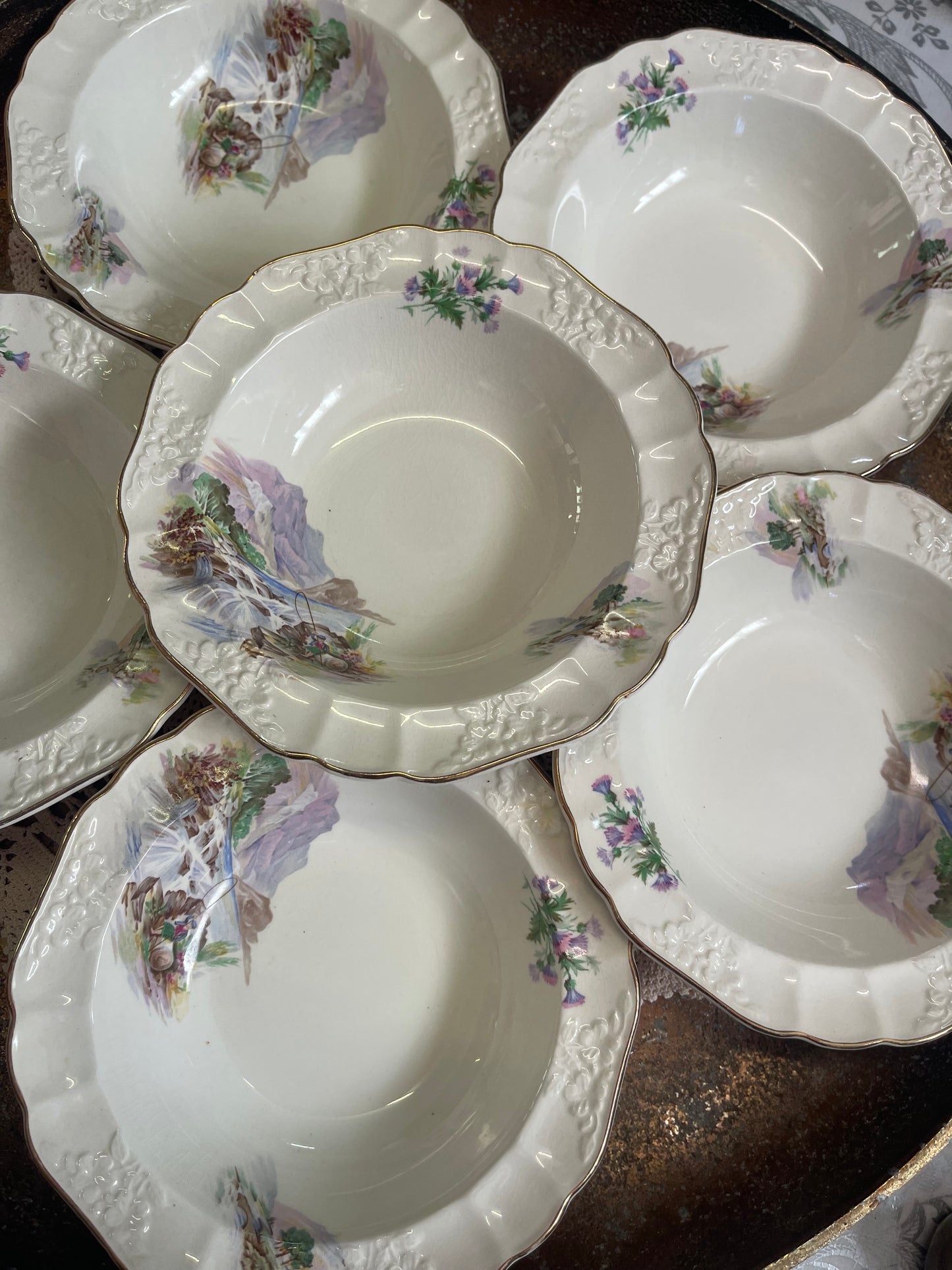 Vintage Empire Porcelain “Scottish Grandeur” Embossed Bowls – Set of 7 (c.1940s–50s)