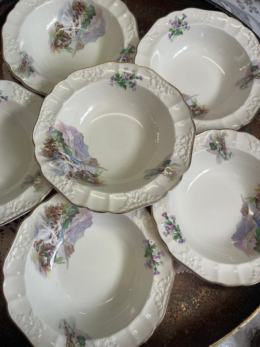Vintage Empire Porcelain “Scottish Grandeur” Embossed Bowls – Set of 7 (c.1940s–50s)
