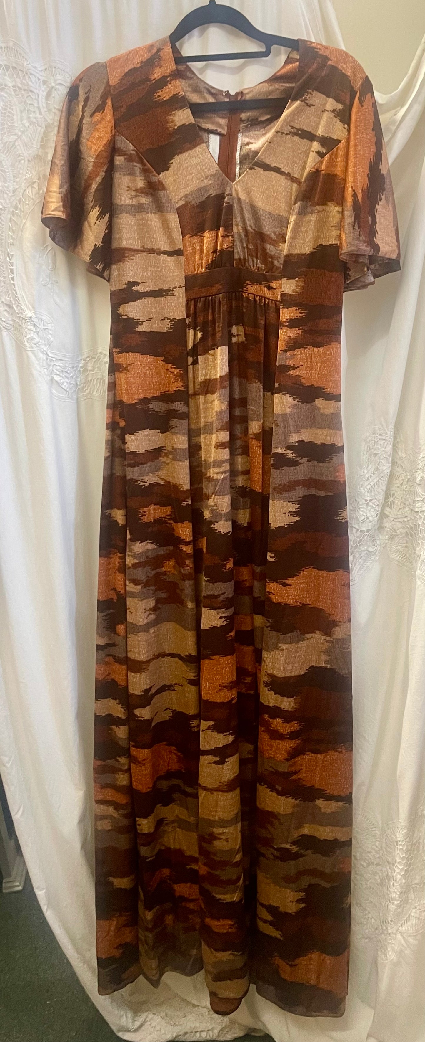 Handmade Vintage 1970s Earth Tone Maxi Dress – Abstract Print (Size 8)