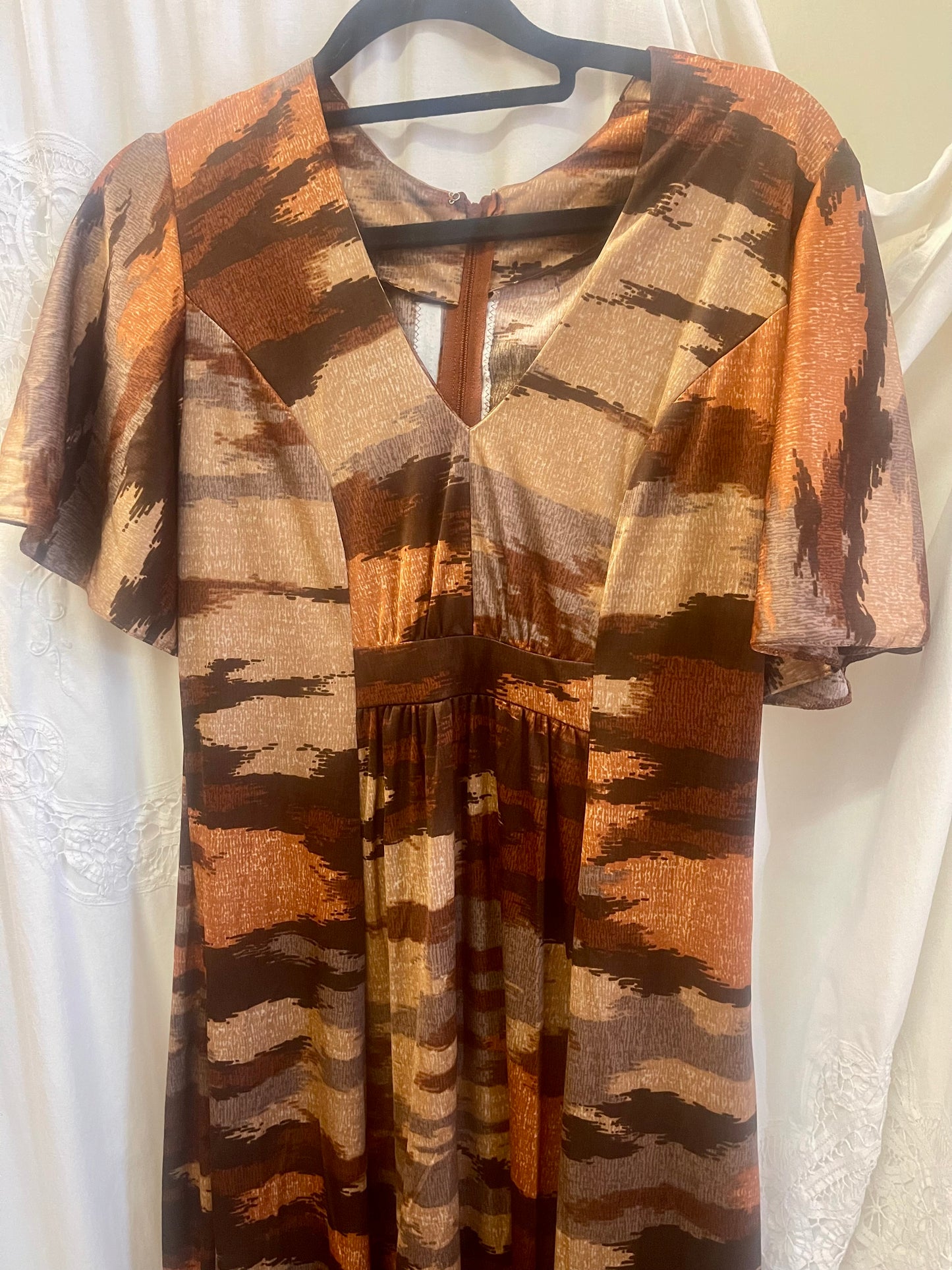 Handmade Vintage 1970s Earth Tone Maxi Dress – Abstract Print (Size 8)