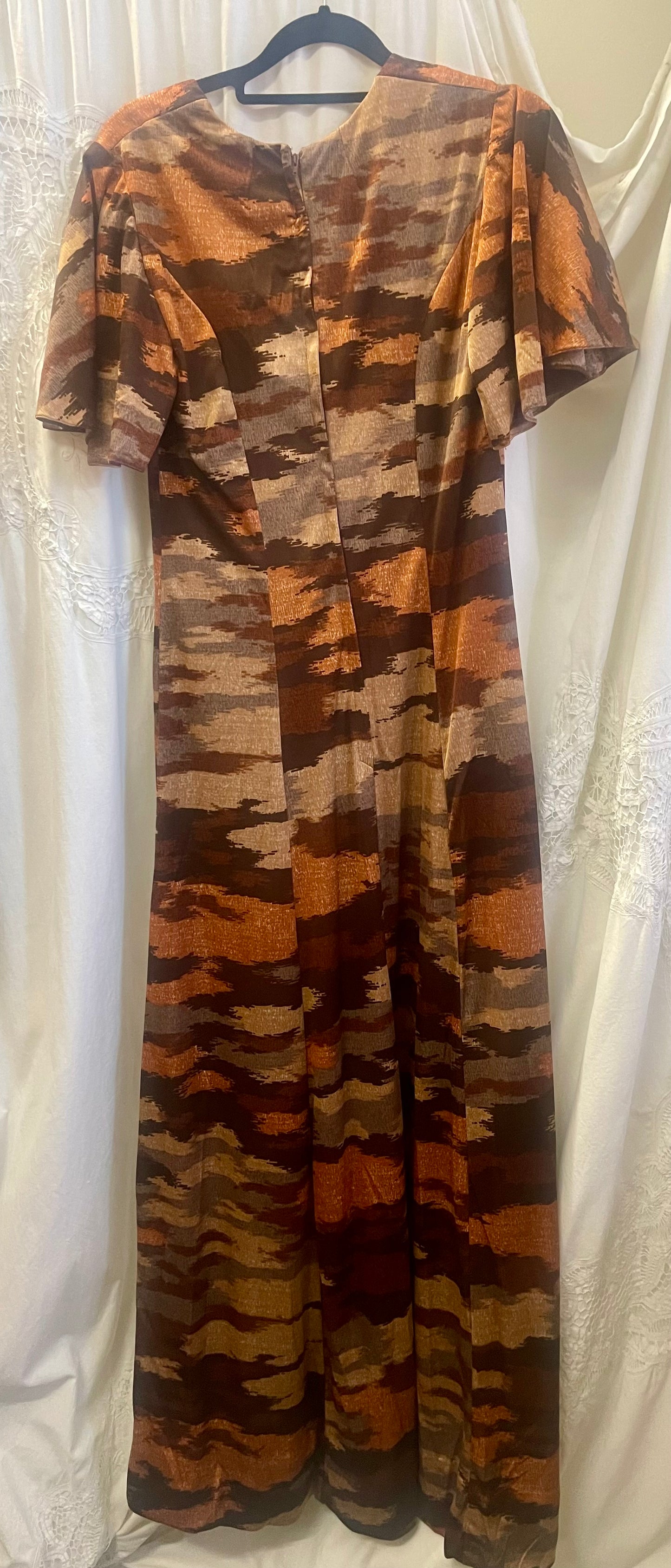 Handmade Vintage 1970s Earth Tone Maxi Dress – Abstract Print (Size 8)