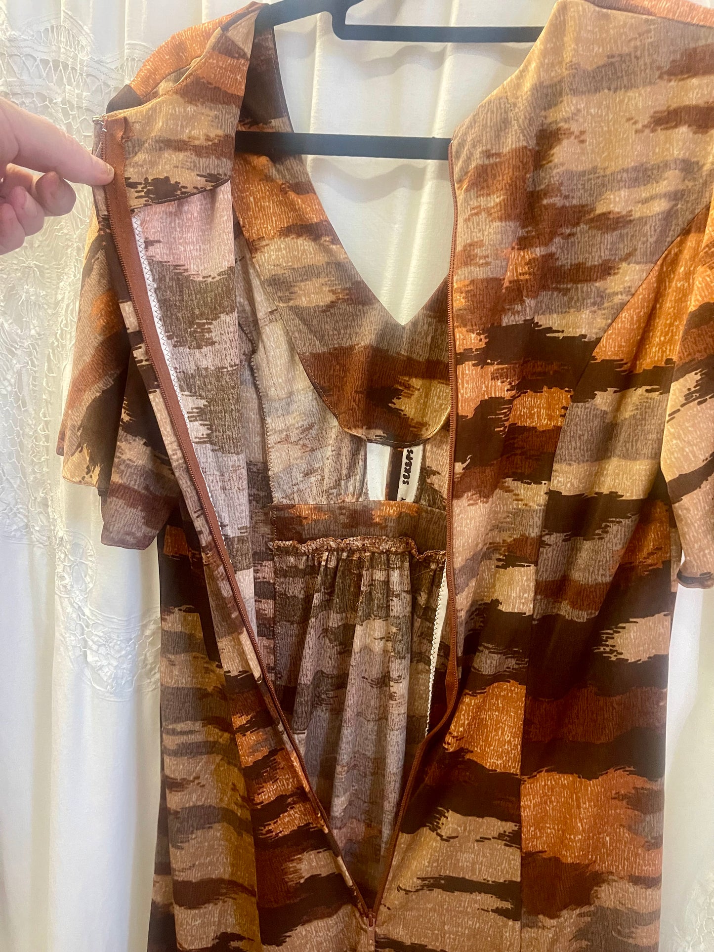 Handmade Vintage 1970s Earth Tone Maxi Dress – Abstract Print (Size 8)