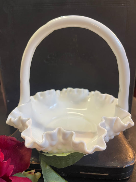 Vintage Fenton Ruffled Hobnail Milk Glass Handled Basket Bowl