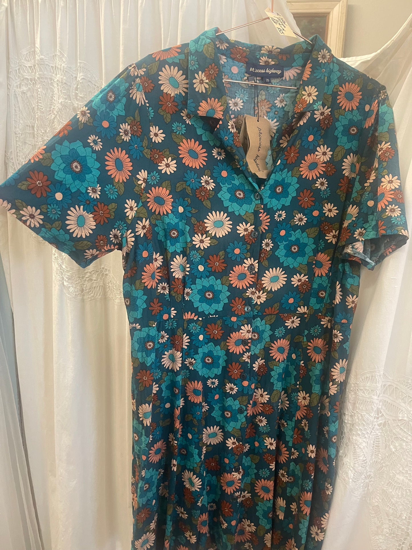 Princess Highway Teal Floral Dress – Retro Daisy Print (Size 20)