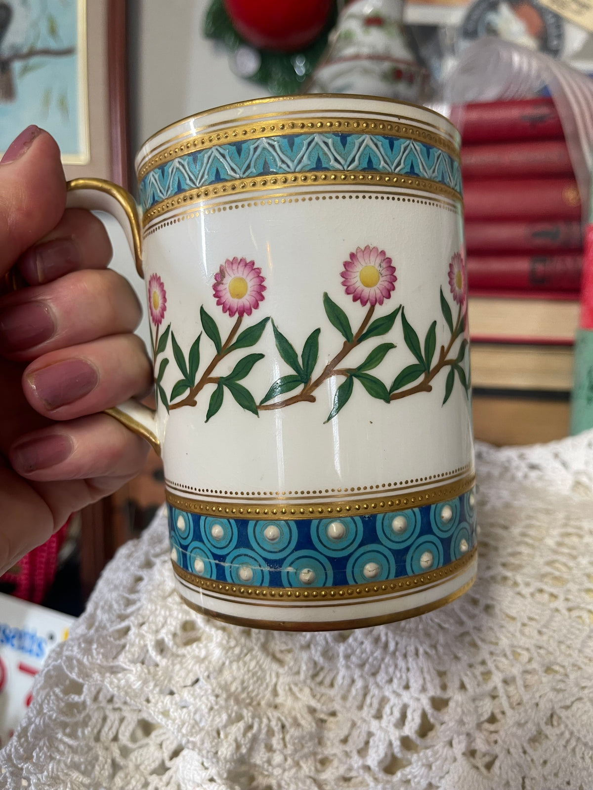 Royal Worcester Victorian Porcelain Mug – Turquoise, Pink Floral & Gilt Decoration