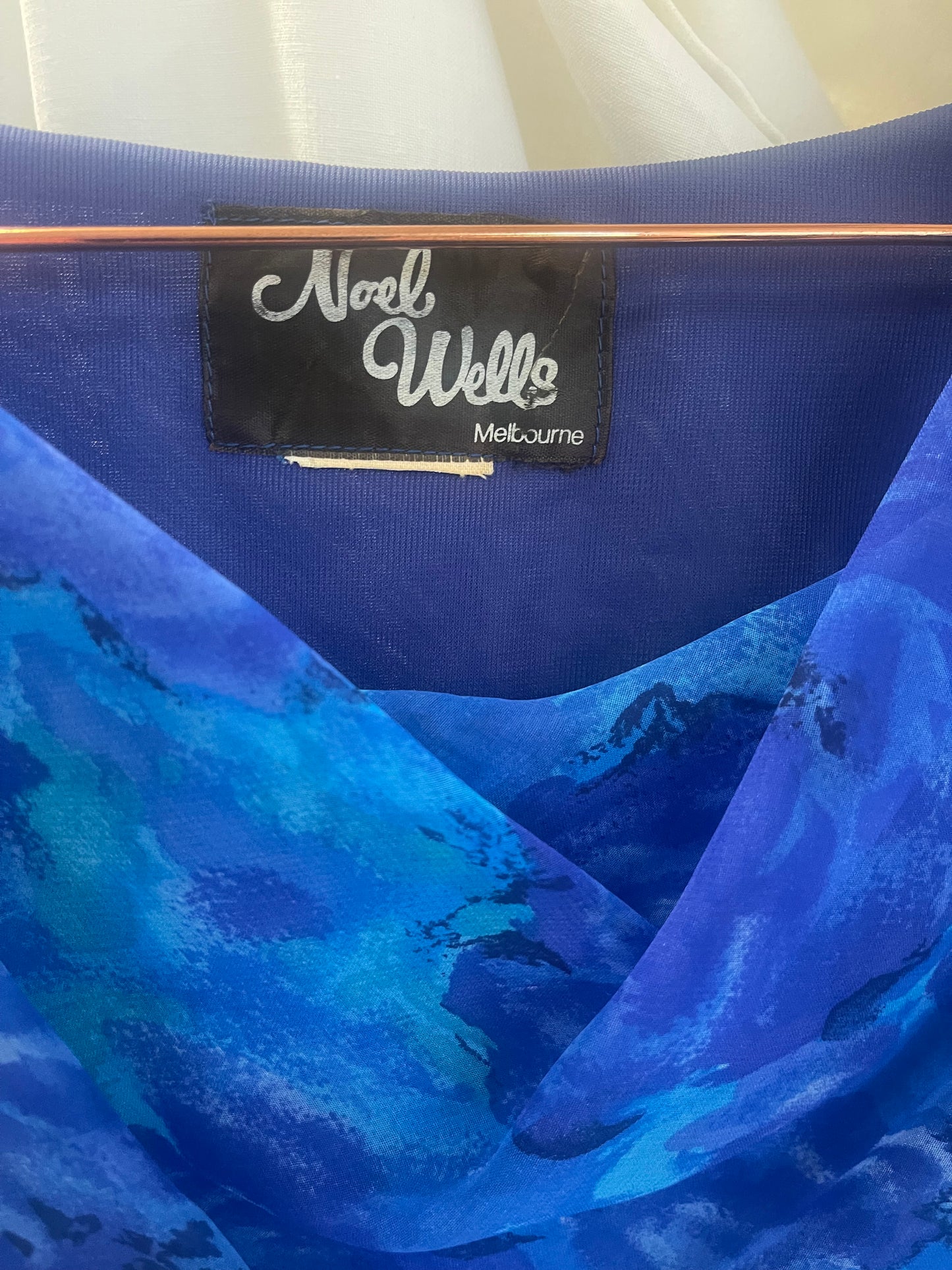 Vintage 1980s Blue Pleated Chiffon Dress – Draped Neckline Size 8-10