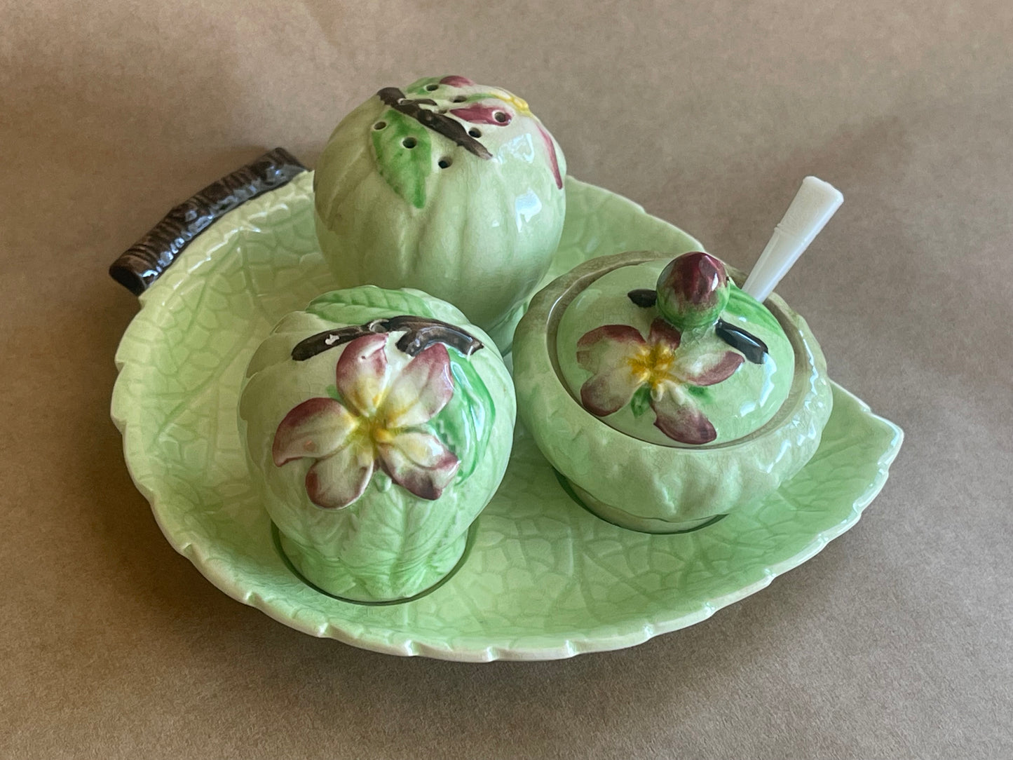Vintage Carlton Ware Apple Blossom Cruet Set – Salt, Pepper & Mustard on Leaf Tray