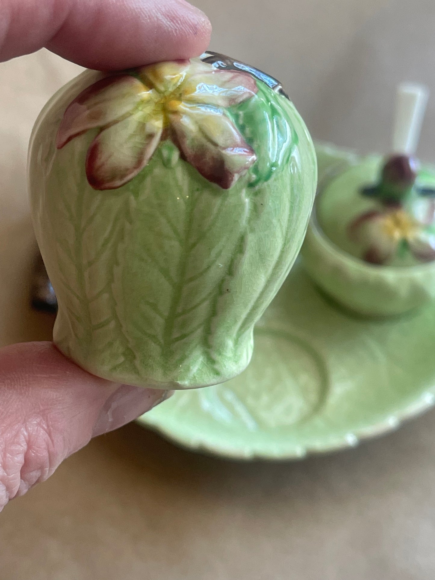 Vintage Carlton Ware Apple Blossom Cruet Set – Salt, Pepper & Mustard on Leaf Tray