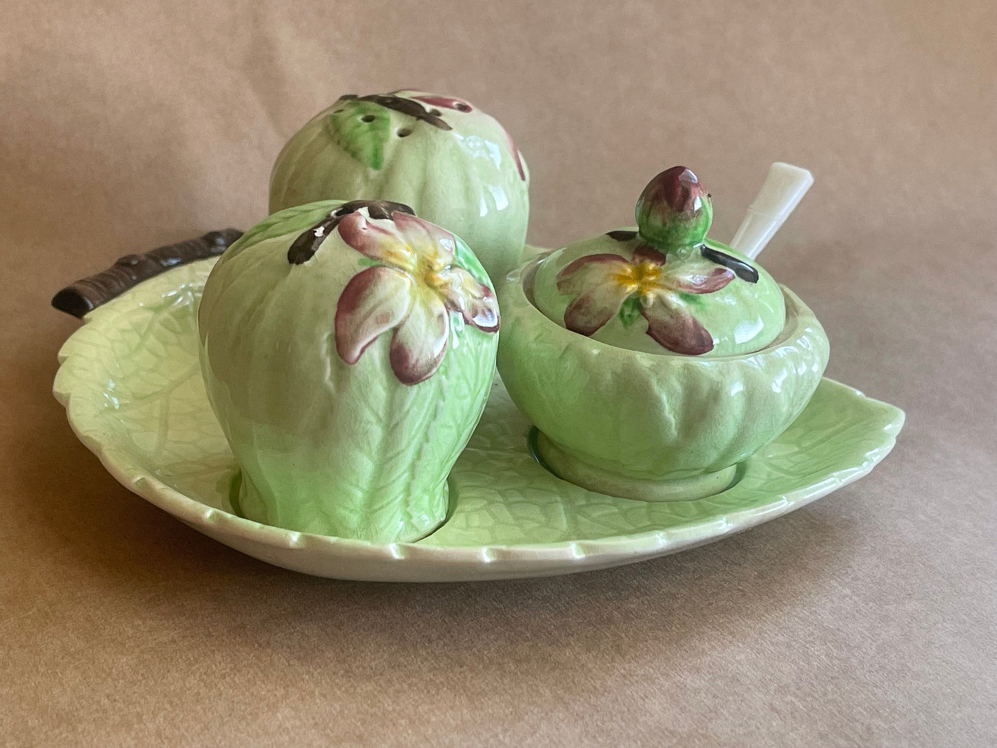 Vintage Carlton Ware Apple Blossom Cruet Set – Salt, Pepper & Mustard on Leaf Tray