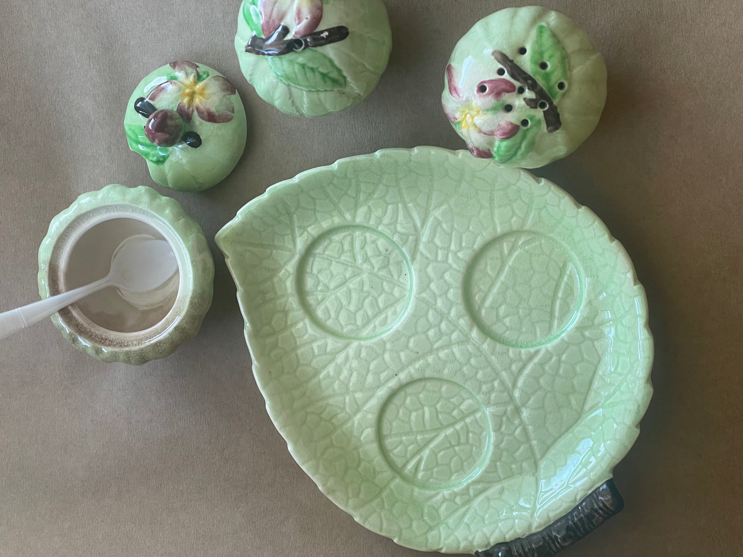 Vintage Carlton Ware Apple Blossom Cruet Set – Salt, Pepper & Mustard on Leaf Tray