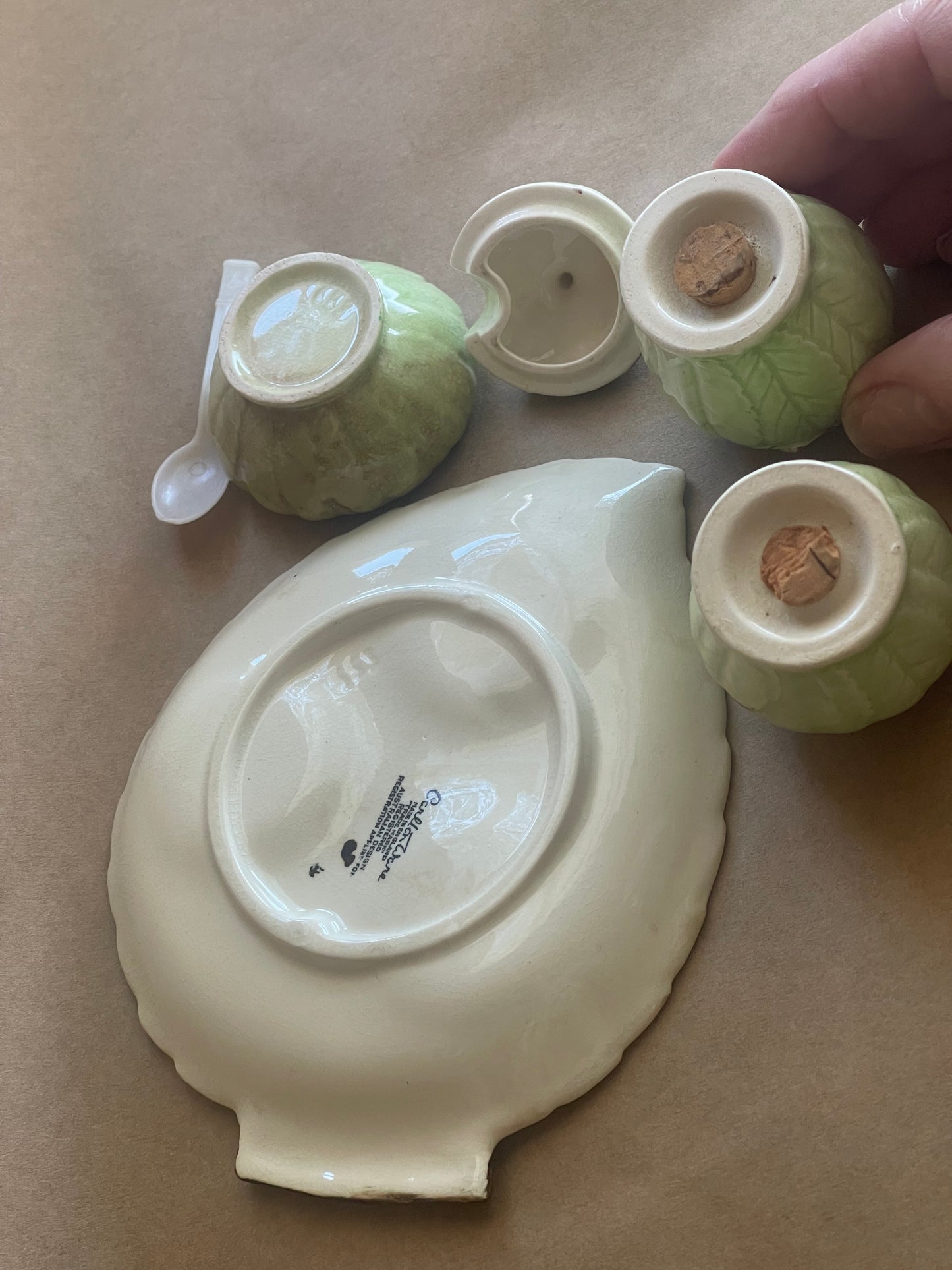 Vintage Carlton Ware Apple Blossom Cruet Set – Salt, Pepper & Mustard on Leaf Tray