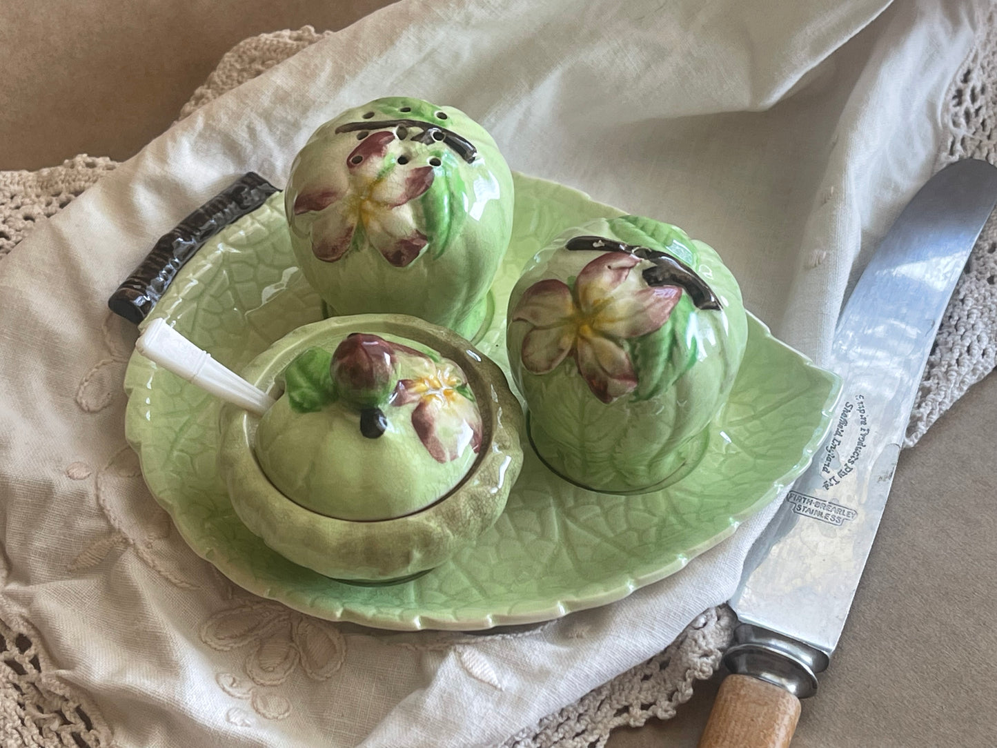 Vintage Carlton Ware Apple Blossom Cruet Set – Salt, Pepper & Mustard on Leaf Tray