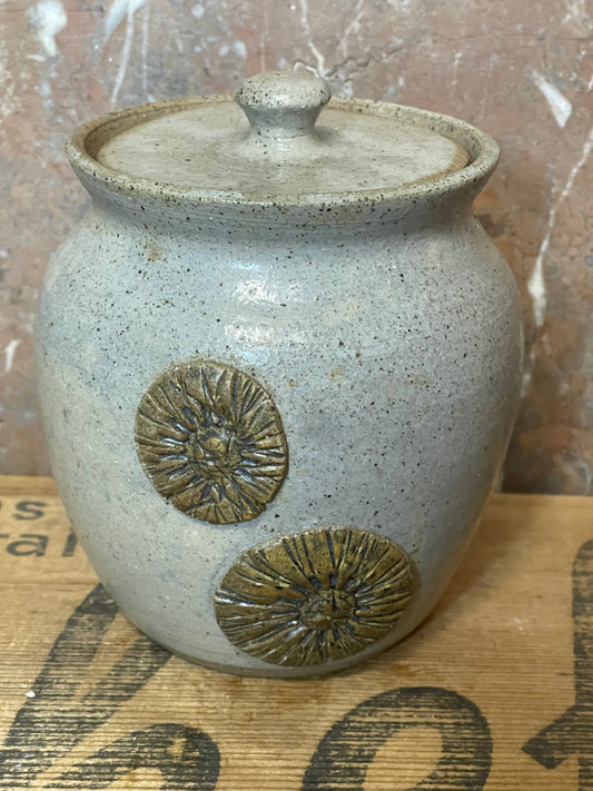 Handcrafted Pottery Lidded Crock with Applied Brown Flower Motifs