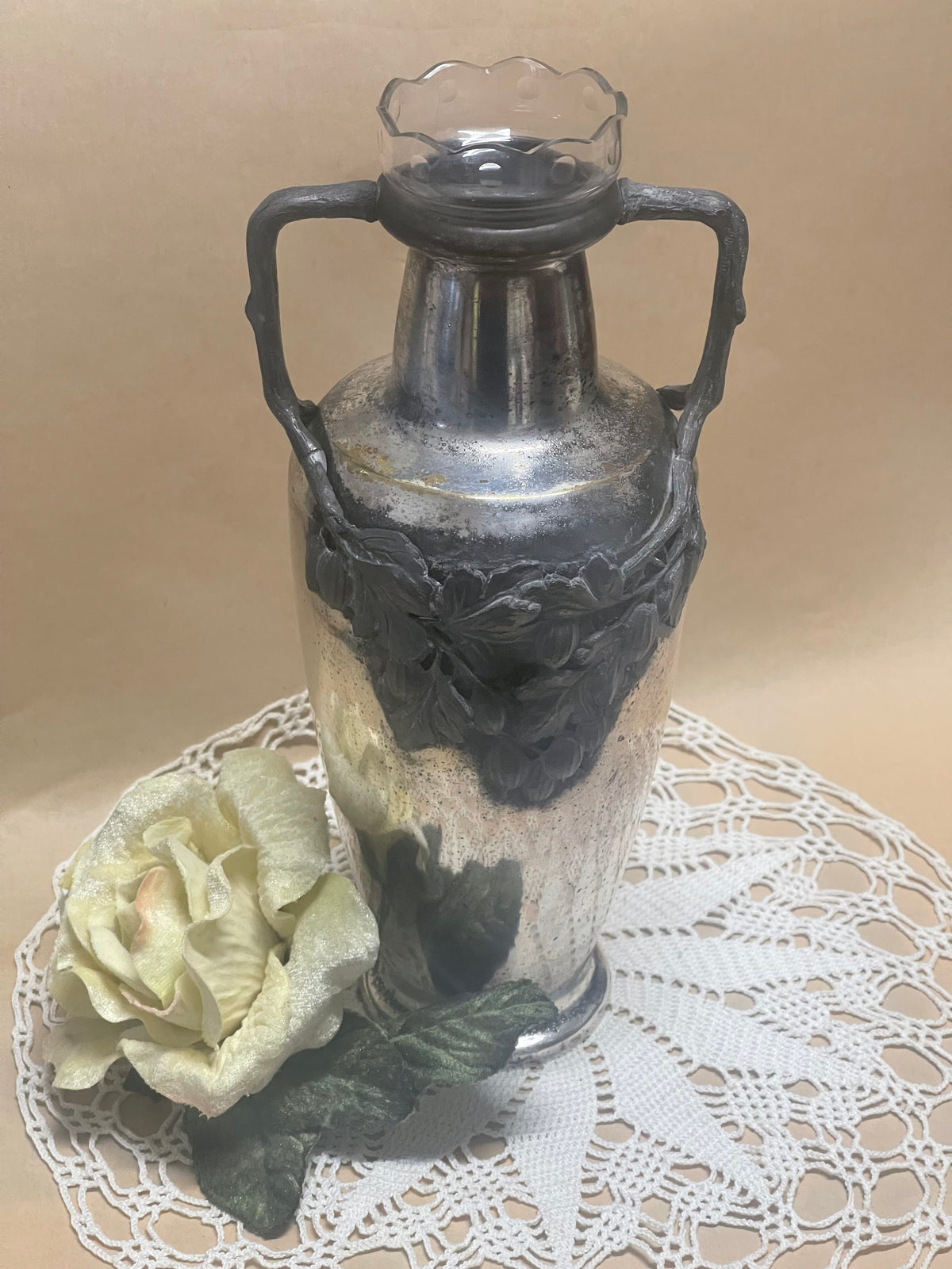 Antique German Art Nouveau Silver-Plated Vase with Glass Insert – c.1900