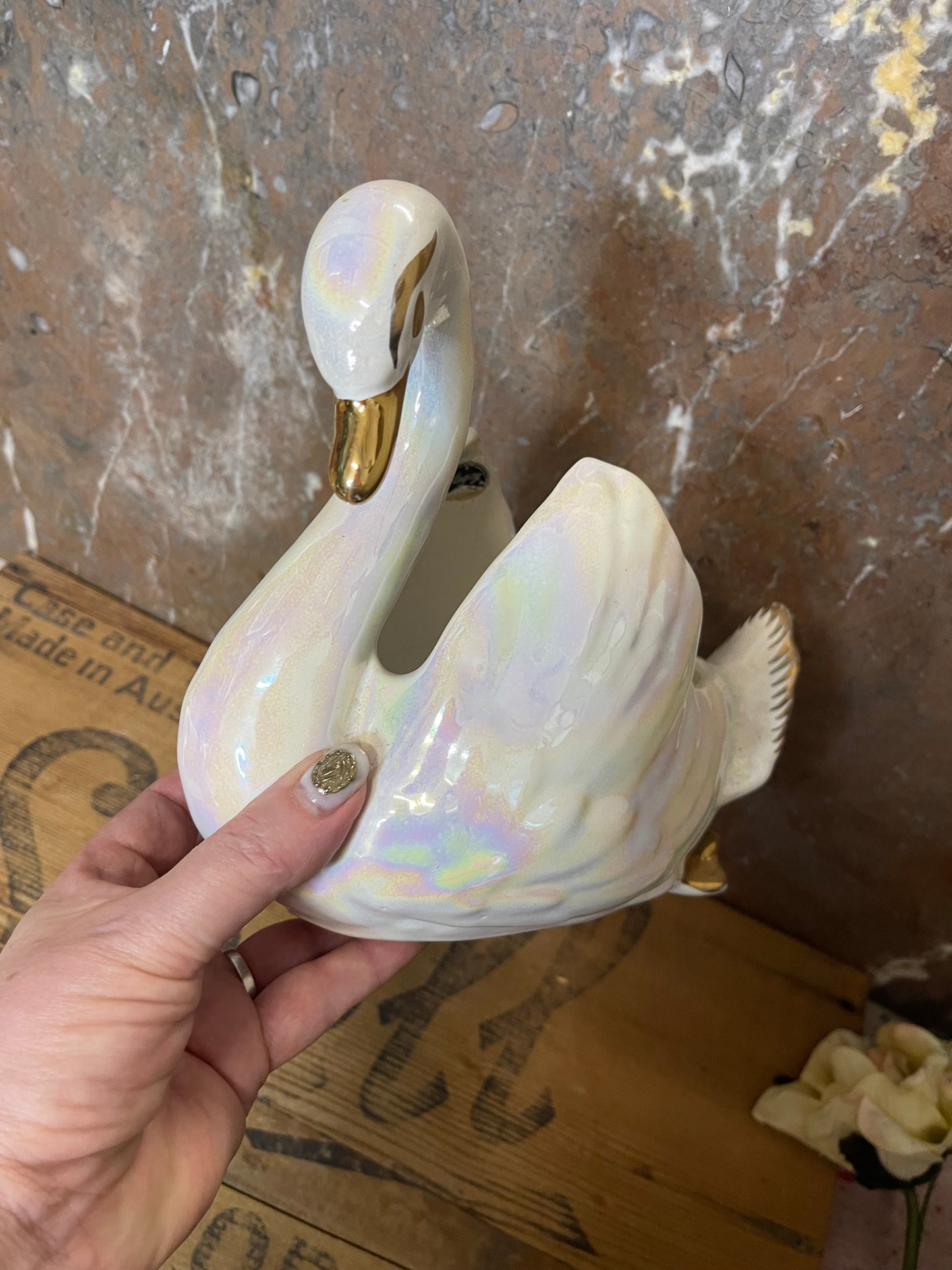 Vintage 1950s Lustreware Swan Planter – White with Pink Sheen & Gold Detail, Mingay