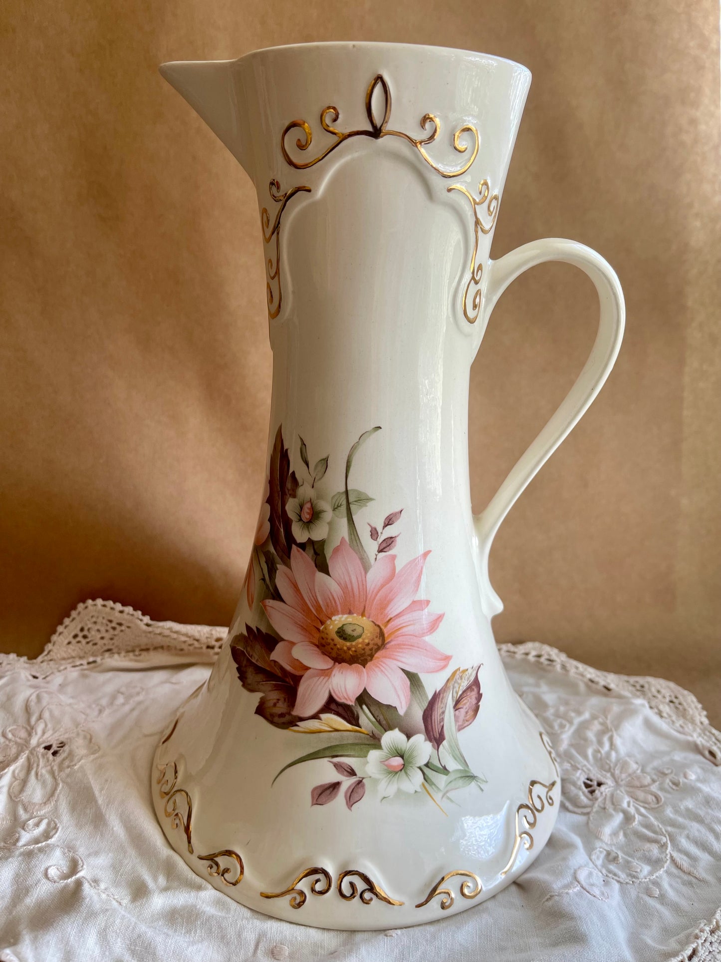 Handmade Vintage Studio Pottery Jug/Vase – Floral with Gilt Detail – c.1981