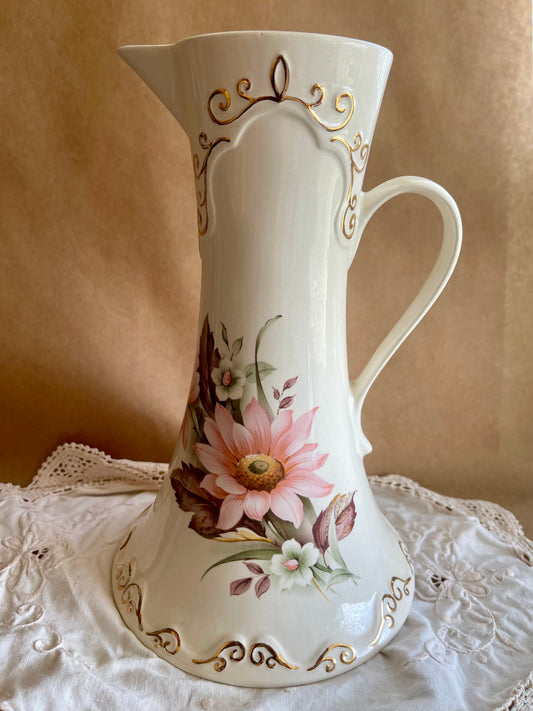 Handmade Vintage Studio Pottery Jug/Vase – Floral with Gilt Detail – c.1981