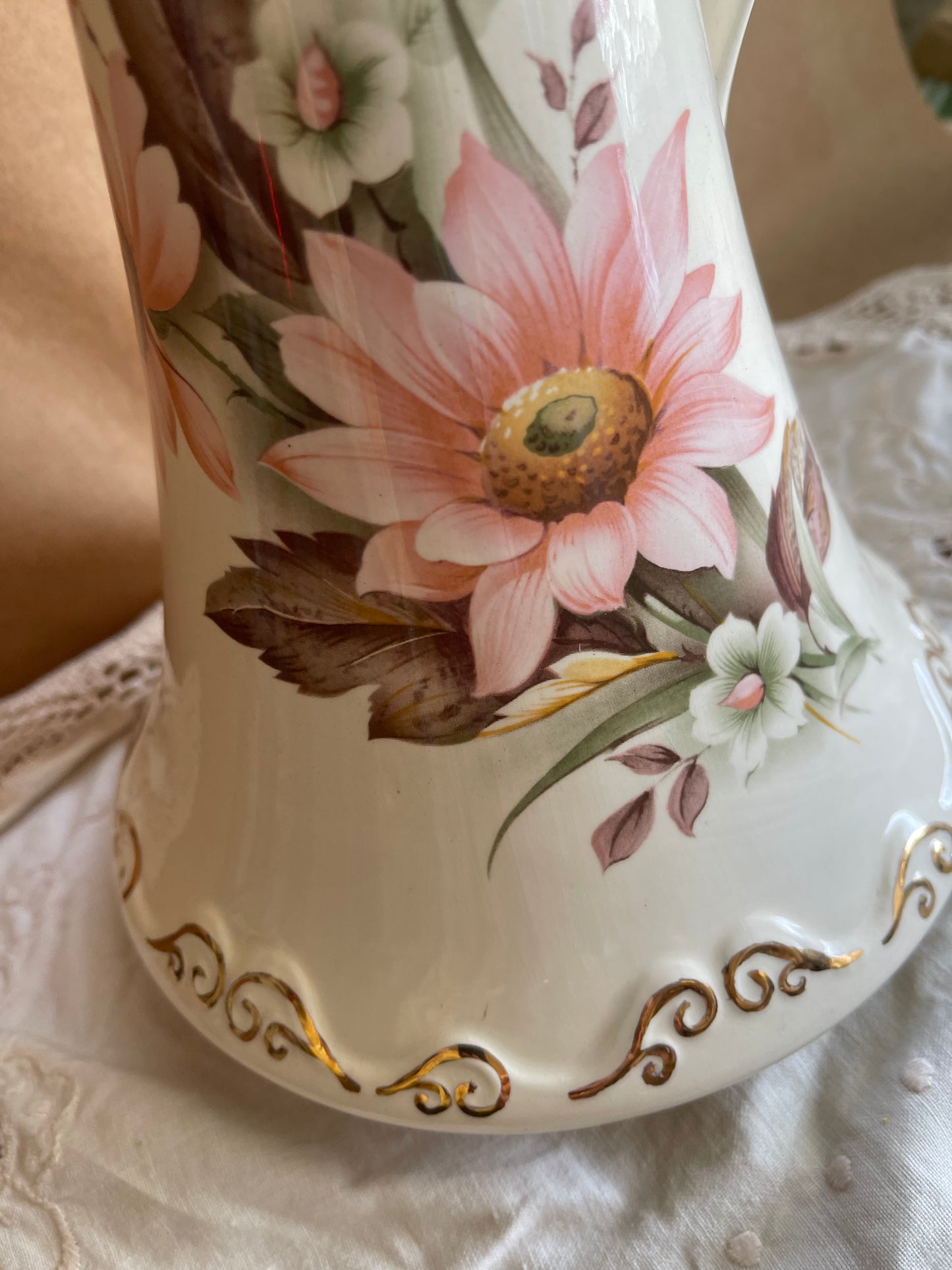 Handmade Vintage Studio Pottery Jug/Vase – Floral with Gilt Detail – c.1981