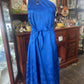 Vintage 70s handmade sleeveless one shoulder blue embossed satin dress Size 8-10