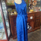 Vintage 70s handmade sleeveless one shoulder blue embossed satin dress Size 8-10