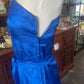 Vintage 70s handmade sleeveless one shoulder blue embossed satin dress Size 8-10