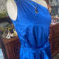 Vintage 70s handmade sleeveless one shoulder blue embossed satin dress Size 8-10