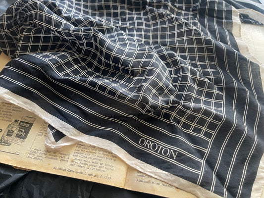 Vintage Oroton Silk Scarf – Black Grid Design