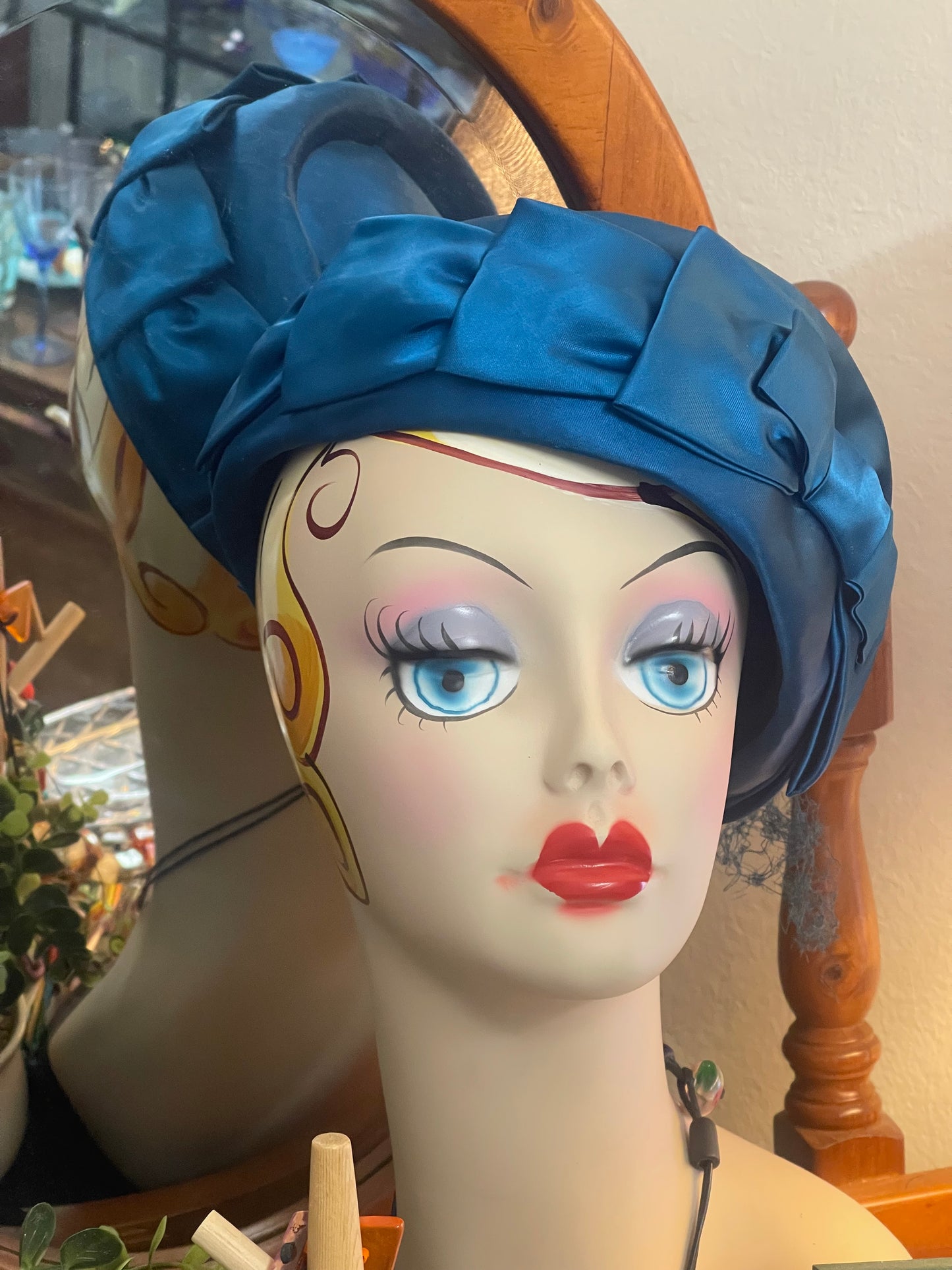 Vintage Teal Satin Pillbox Hat with Bow Detail (c.1960s)