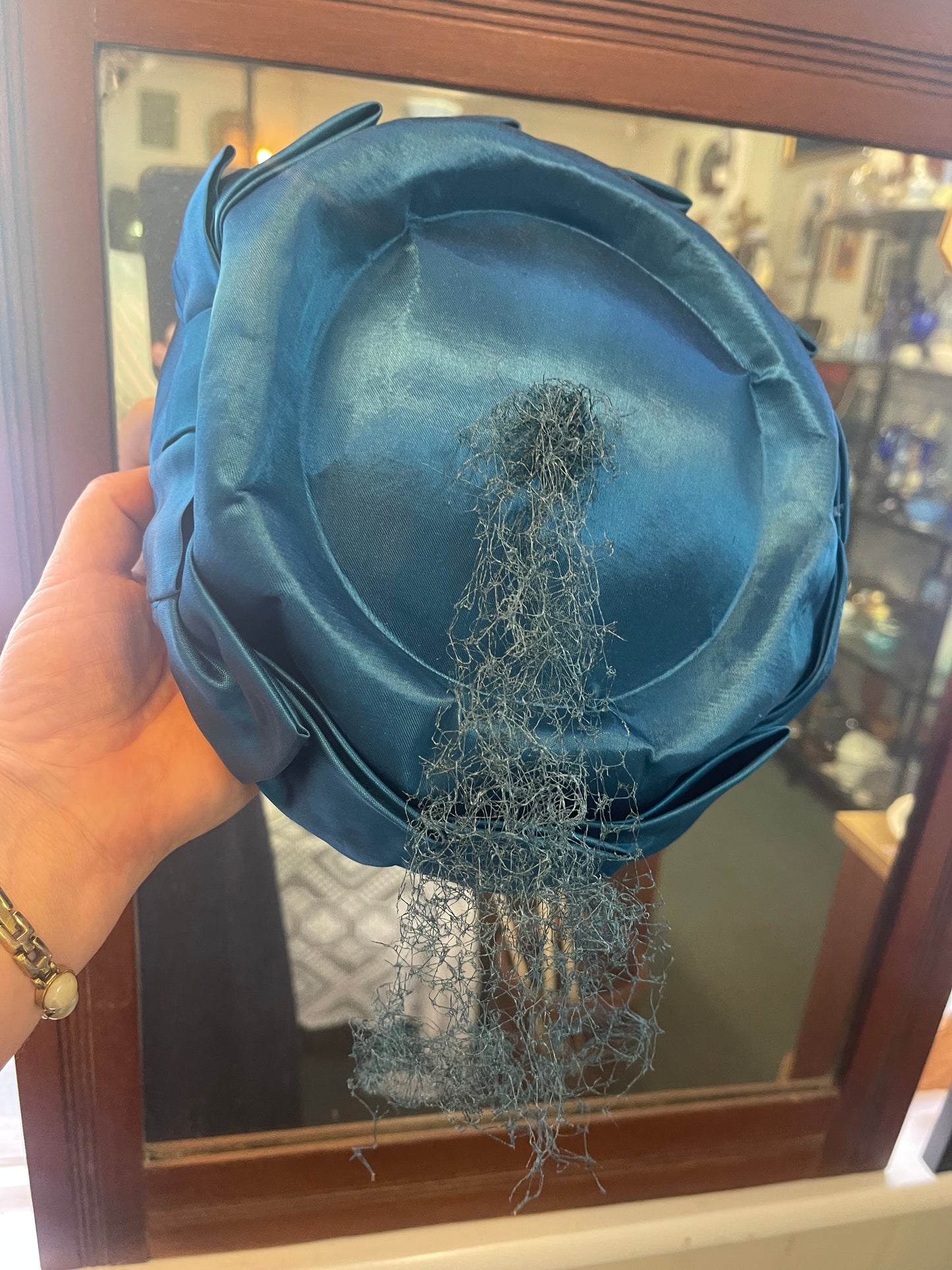 Vintage Teal Satin Pillbox Hat with Bow Detail (c.1960s)