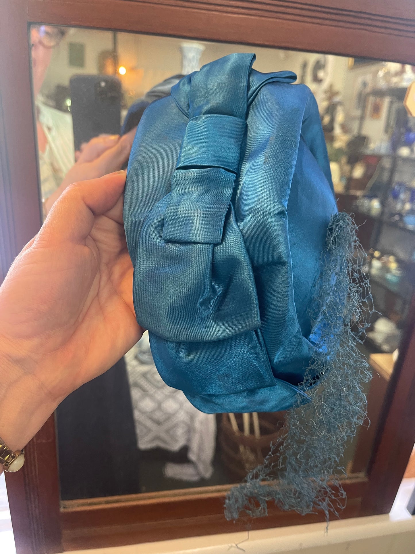 Vintage Teal Satin Pillbox Hat with Bow Detail (c.1960s)