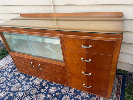 Art Deco Silky Oak Sideboard with Glass Display & Etched Panels – c.1930s