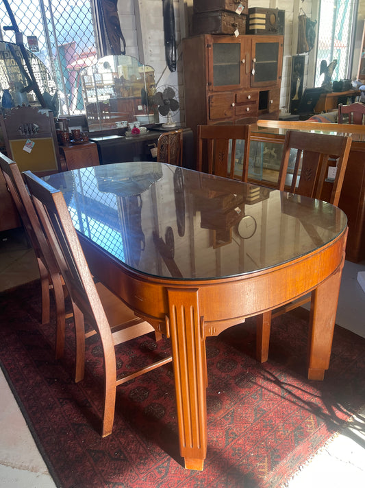 Art Deco Queensland Maple Dining Table with Glass Top – c.1930s