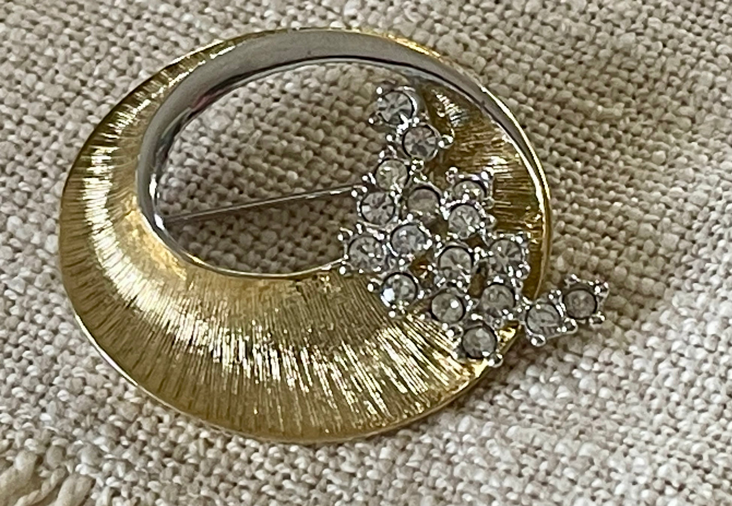 Vintage Gold Tone & Rhinestone Crescent Brooch (c.1960s–70s)