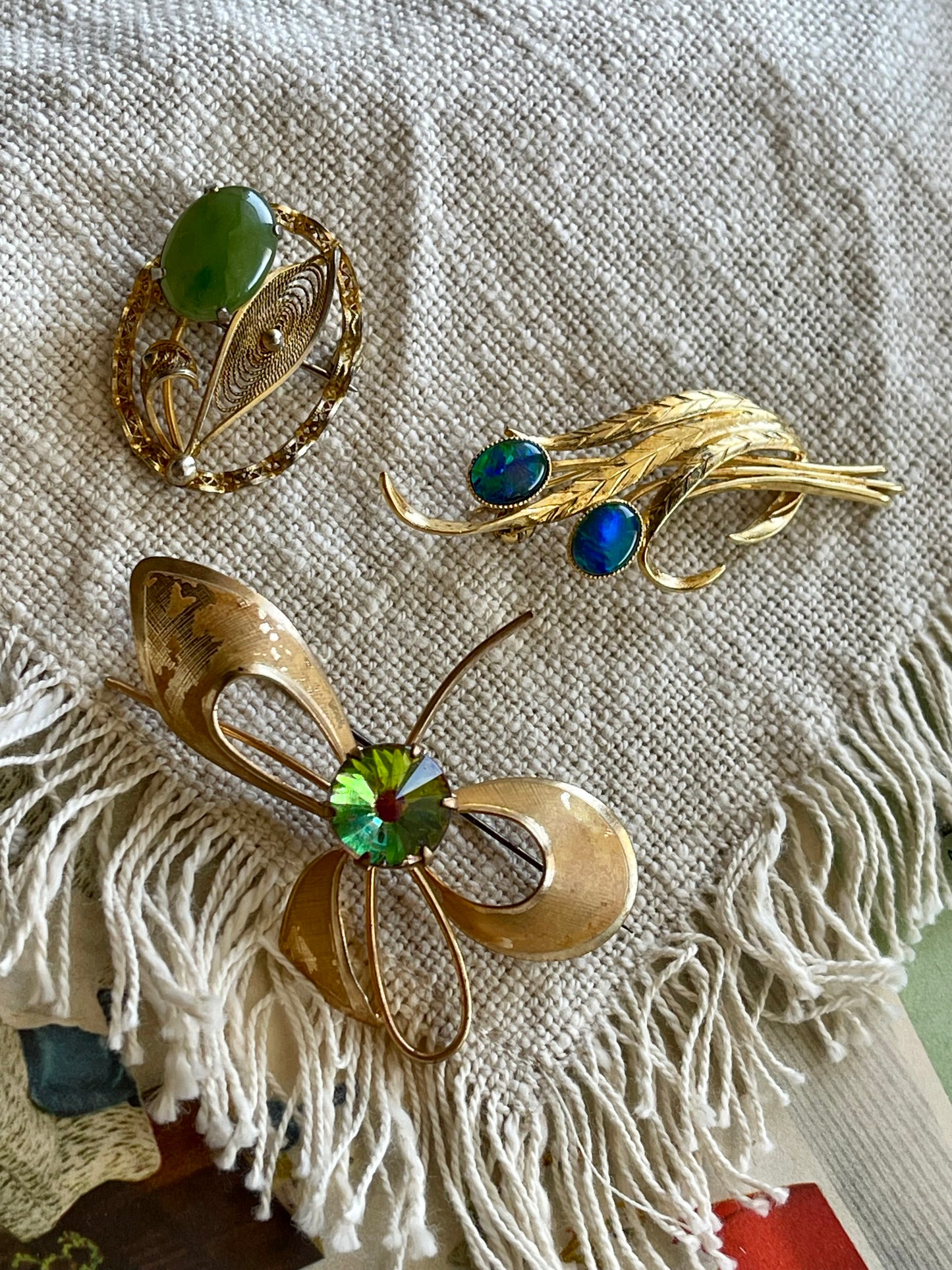 Vintage Mid-Century Brooch Trio – Gold & Green Tones c.1950s–60s