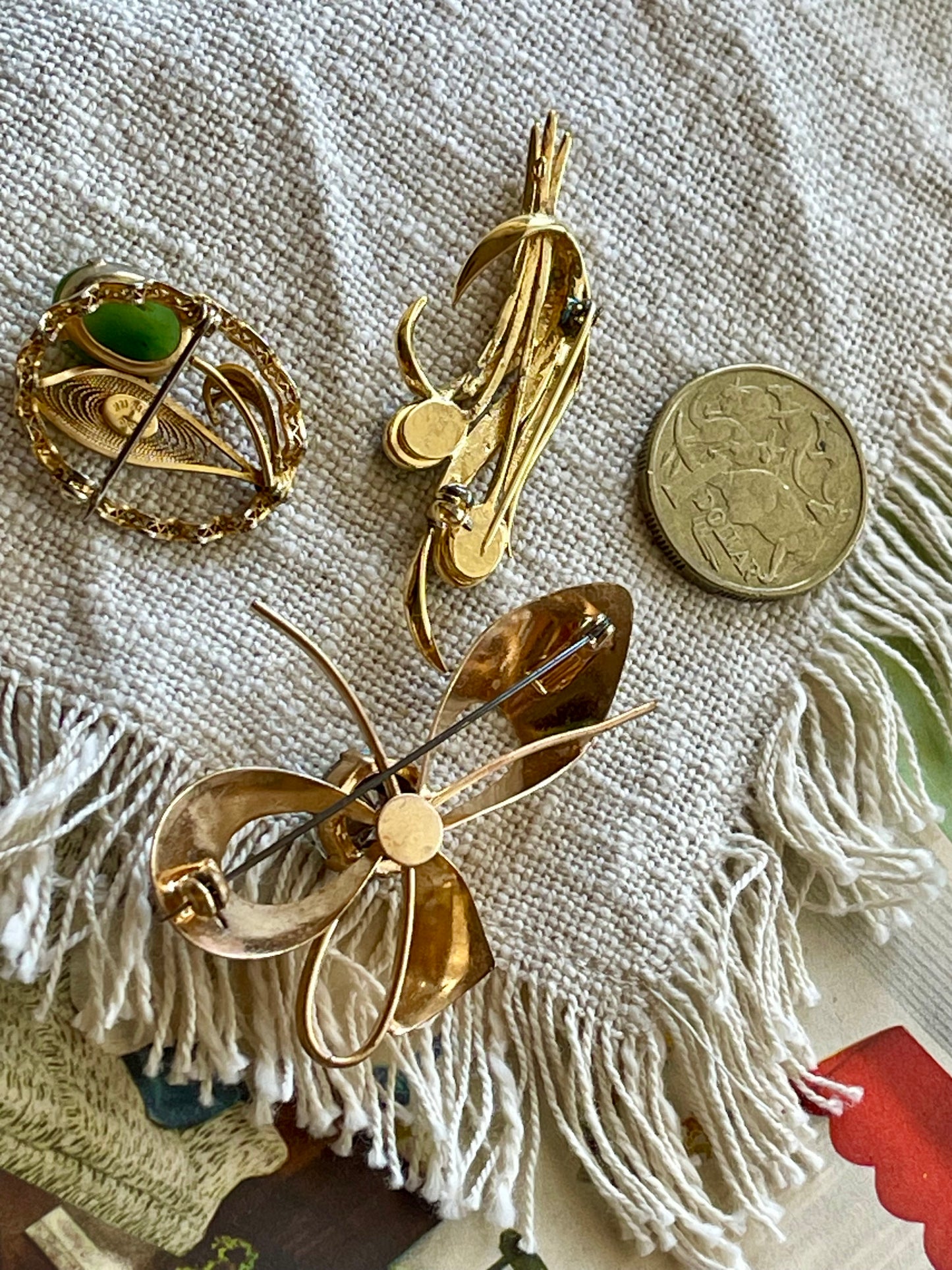 Vintage Mid-Century Brooch Trio – Gold & Green Tones c.1950s–60s