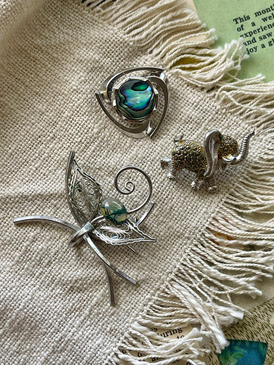 Vintage Brooch Trio – Silver Tones with Abalone & Marcasite c.1960s–80s
