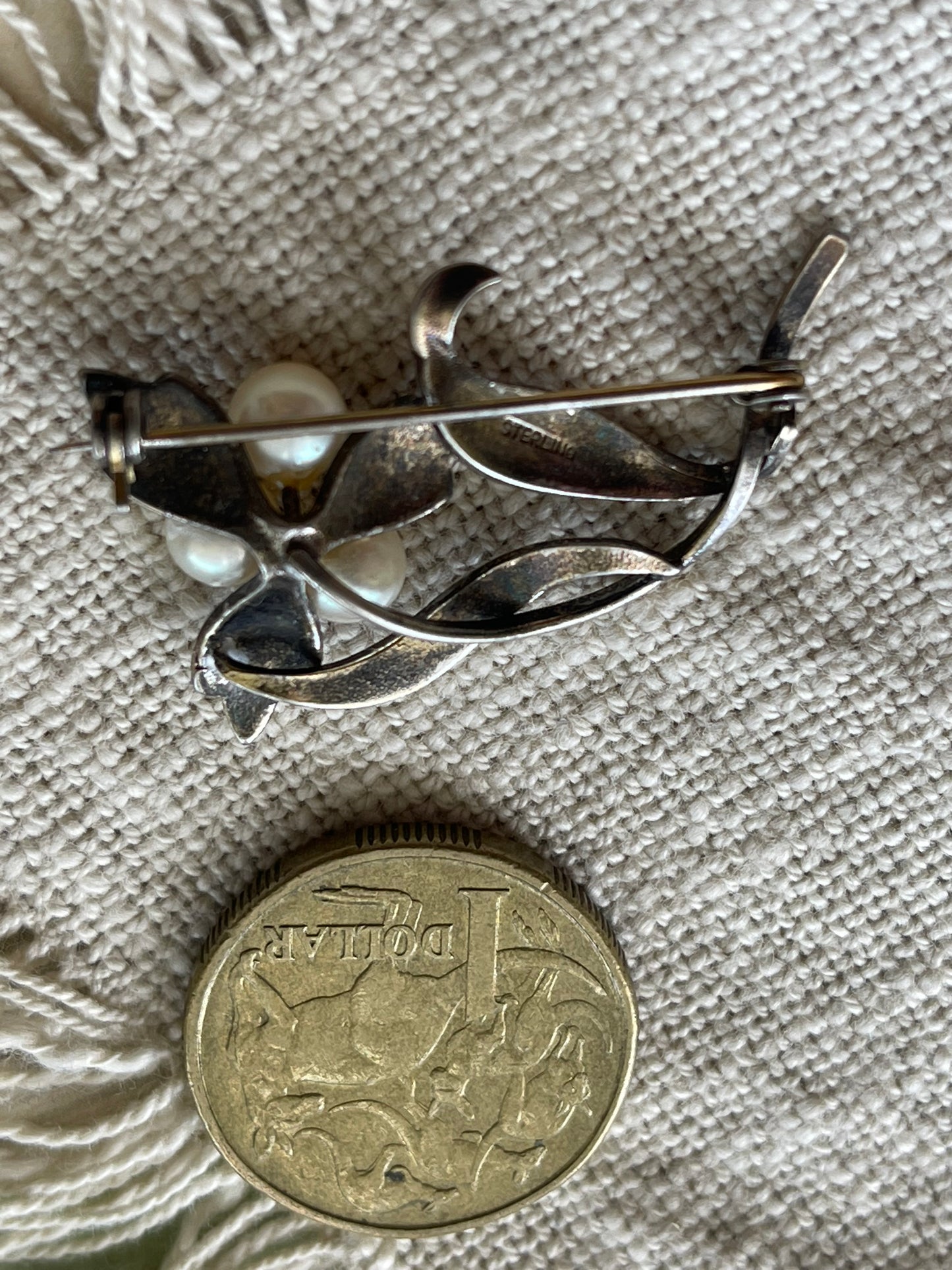 Vintage Sterling Silver & Pearl Floral Brooch – c.1950s–60s