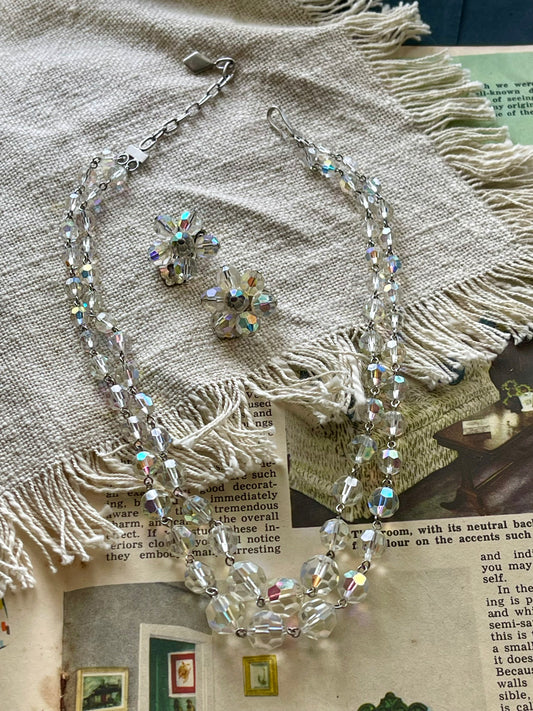 Vintage Aurora Borealis Crystal Necklace & Clip-On Earrings Set – c.1950s–60s