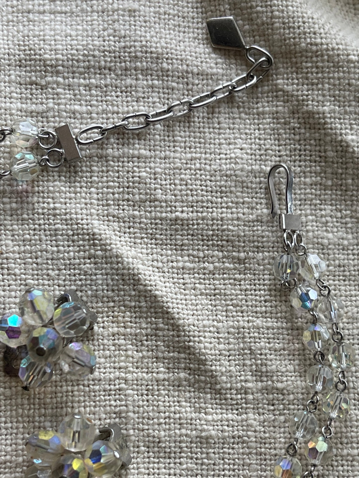 Vintage Aurora Borealis Crystal Necklace & Clip-On Earrings Set – c.1950s–60s