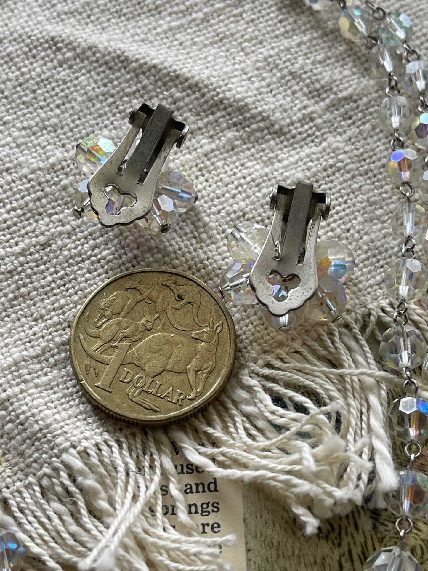 Vintage Aurora Borealis Crystal Necklace & Clip-On Earrings Set – c.1950s–60s