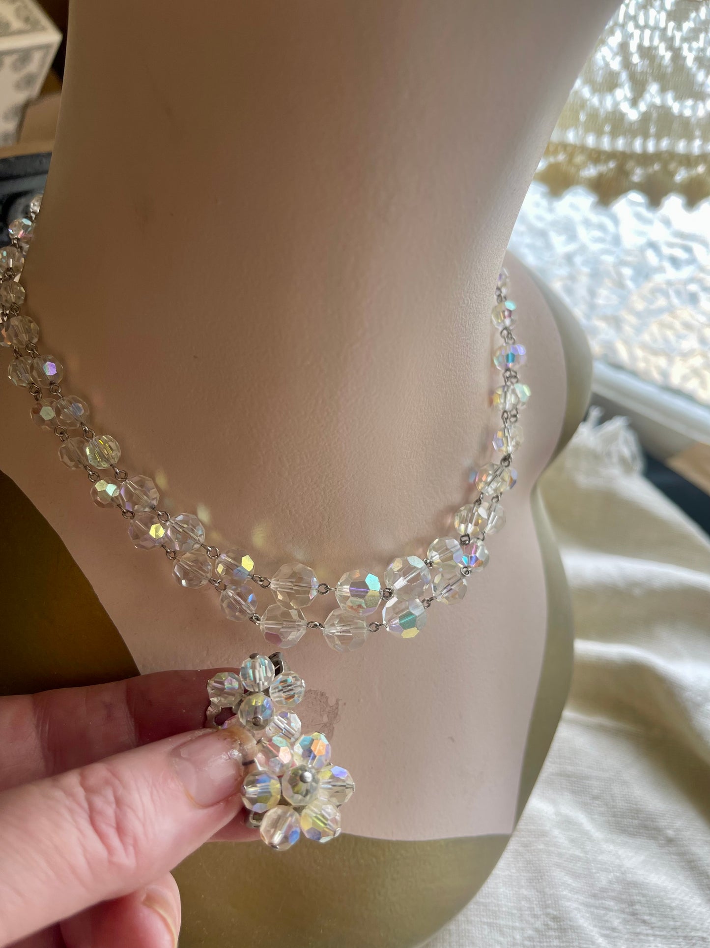 Vintage Aurora Borealis Crystal Necklace & Clip-On Earrings Set – c.1950s–60s