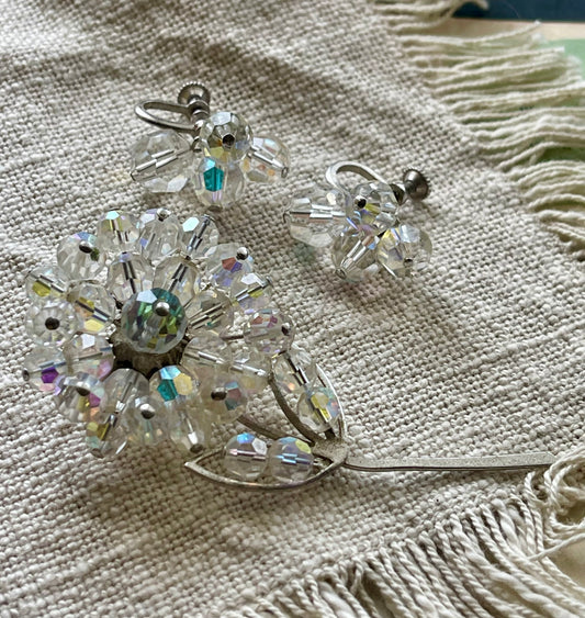 Vintage Aurora Borealis Crystal Brooch & Clip-On Earrings Set – c.1950s–60s