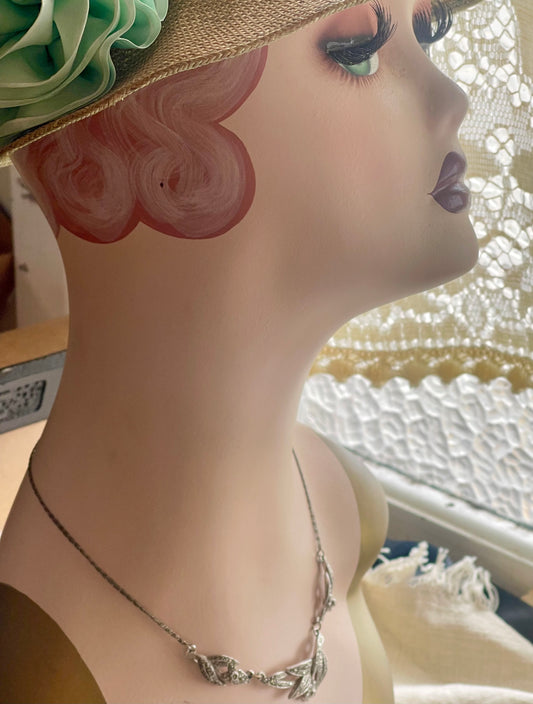 Vintage Silver & Marcasite Style Floral Necklace – c.1950s–60s