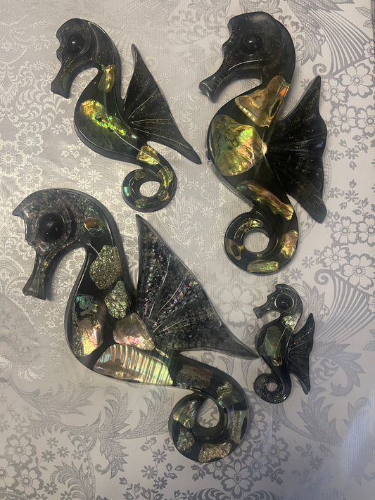 Mid Century Coastal Marine Opal Seahorse Wall Art – Set of 4 Plaques by Crystal Craft (1960s Vintage, Australia)