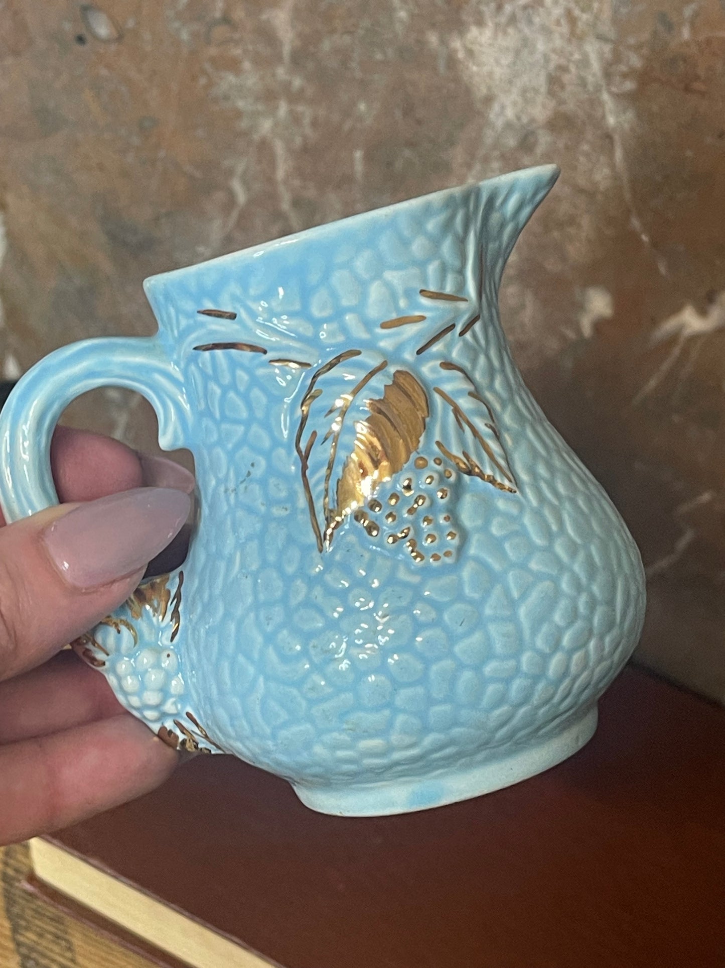 Vintage Blue Wade Tea Set with Hand-Painted Gold Leaves