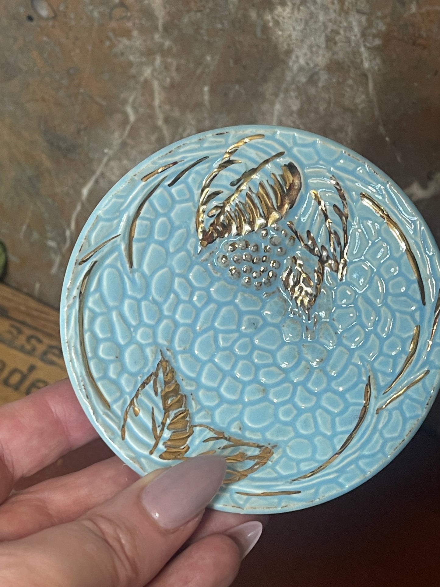 Vintage Blue Wade Tea Set with Hand-Painted Gold Leaves