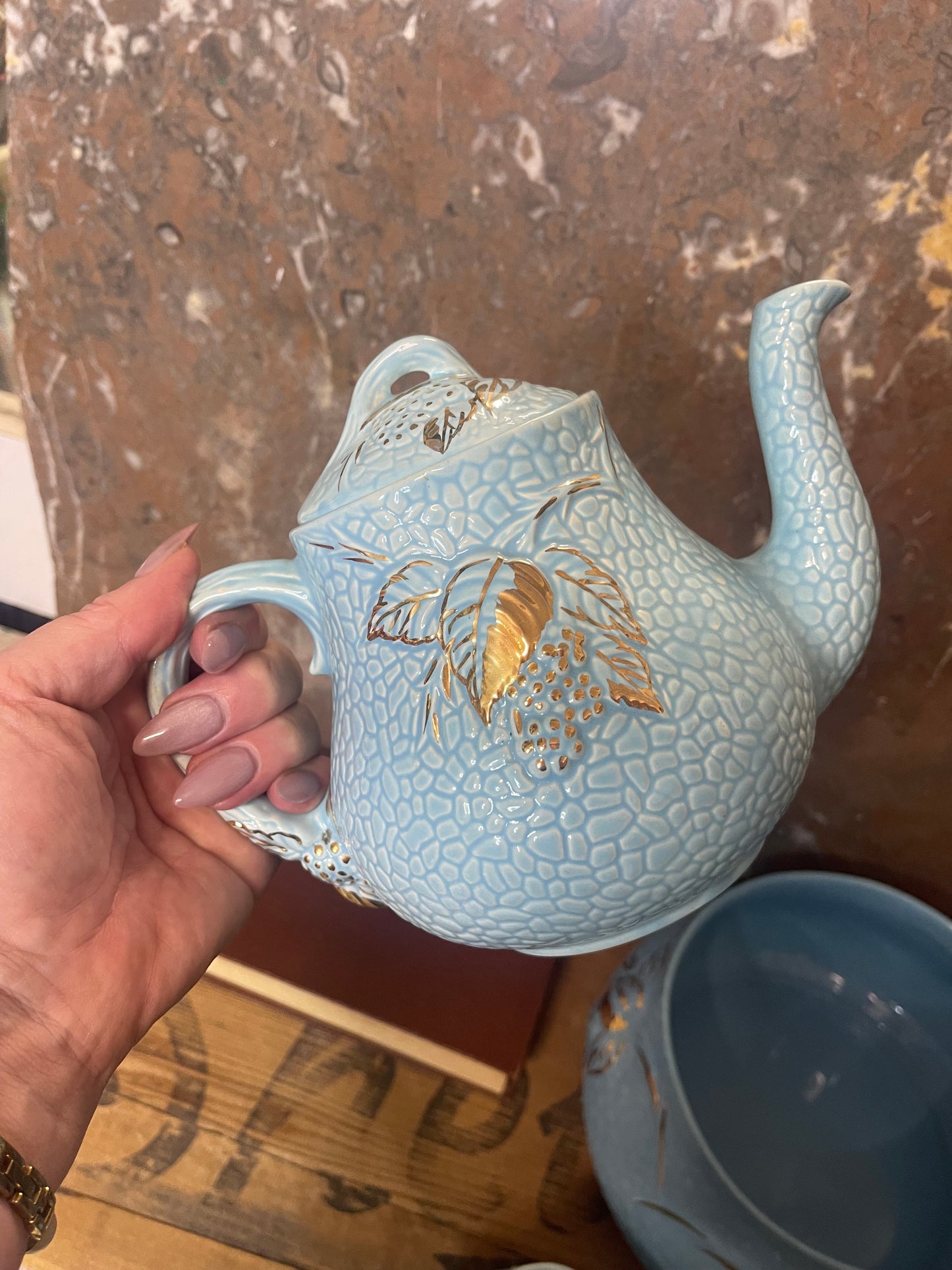 Vintage Blue Wade Tea Set with Hand-Painted Gold Leaves
