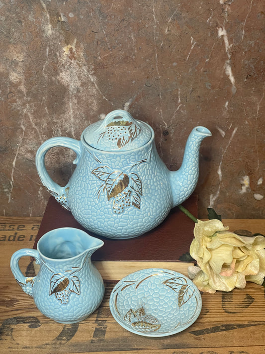 Vintage Blue Wade Tea Set with Hand-Painted Gold Leaves