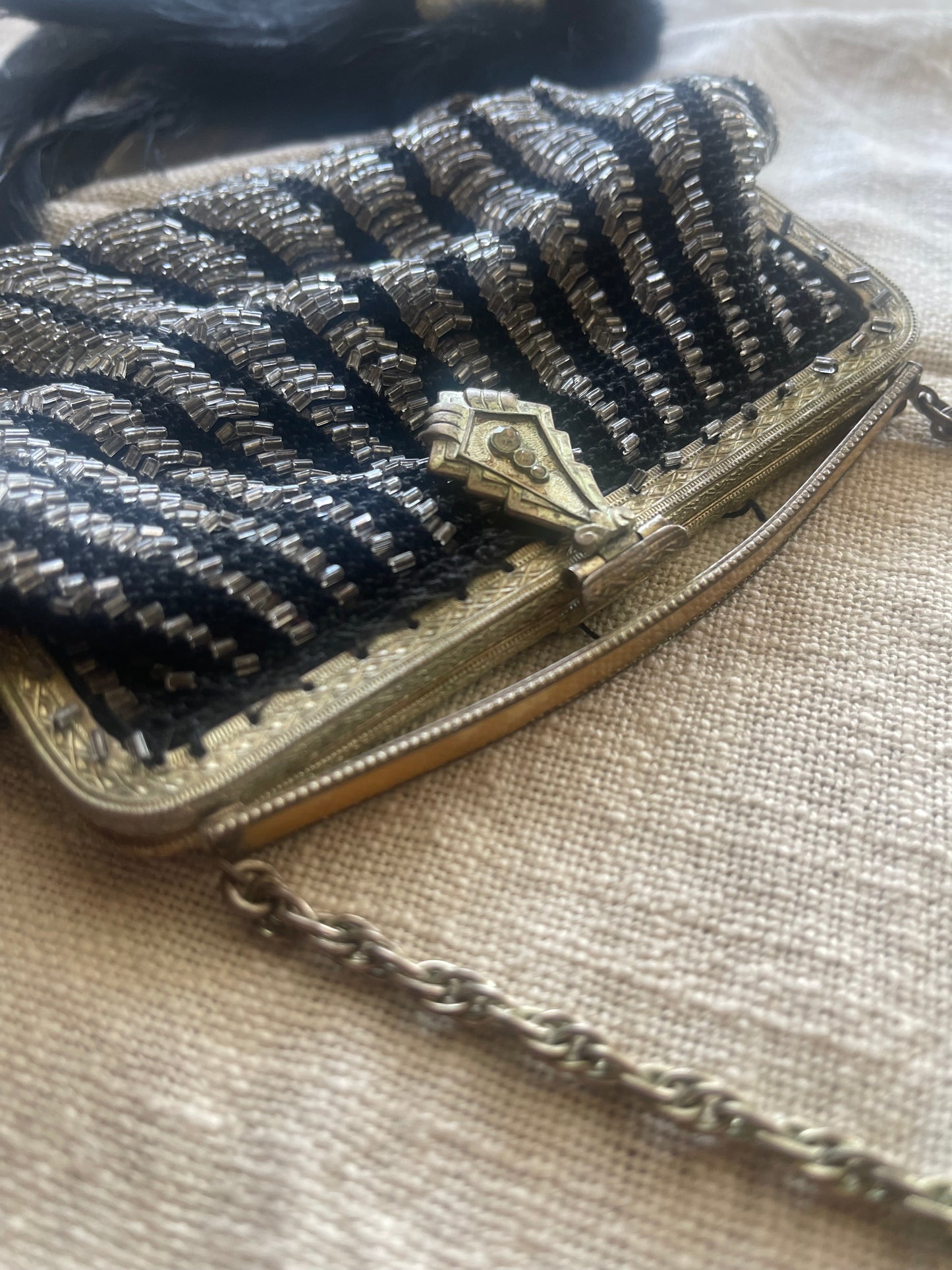 1920s Art Deco Beaded Evening Purse – Cut Steel Fan Design