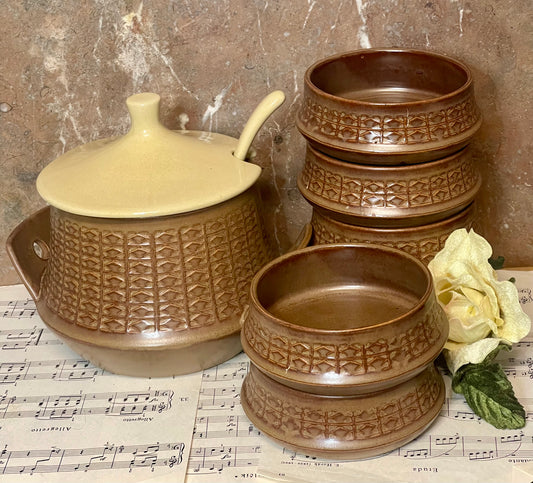 Vintage Japanese Stoneware Soup Tureen with 6 Bowls & Ladle